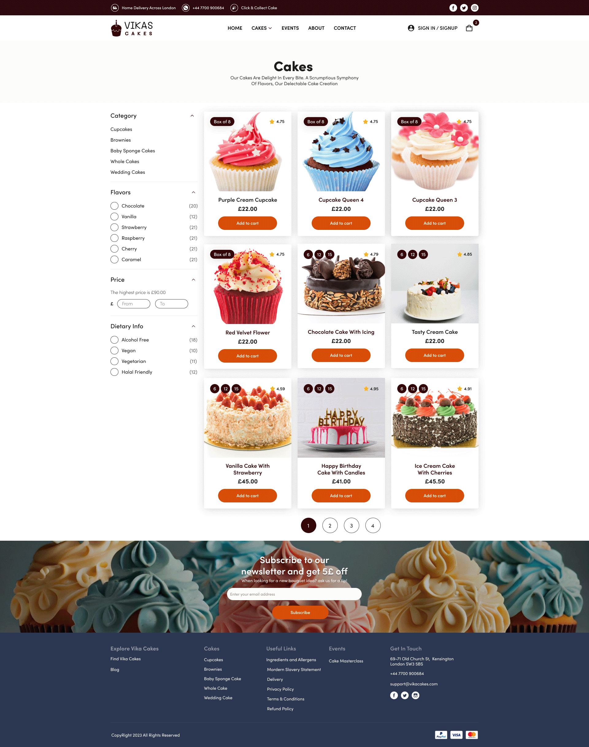 Vika cakes product and category page